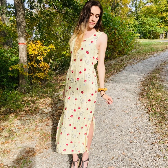 Vintage 80s 90s Flowy Pale Yellow Floral Dress - Picture 4 of 7